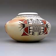 A polychrome jar with fire clouds and decorated with a three-panel bird element and geometric design, click or tap to see a larger version