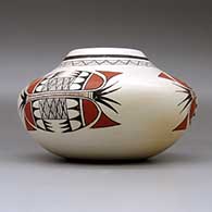 A polychrome jar with fire clouds and decorated with a three-panel bird element and geometric design, click or tap to see a larger version