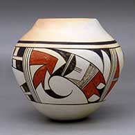 A polychrome jar decorated around the body with a four-panel bird element and geometric design, click or tap to see a larger version