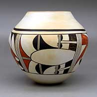 A polychrome jar decorated around the body with a four-panel bird element and geometric design, click or tap to see a larger version