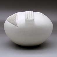 A white seed pot decorated with a corrugated geometric applique and handles, click or tap to see a larger version