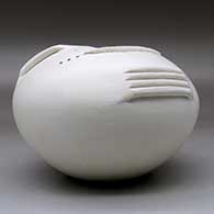 A white seed pot decorated with a corrugated geometric applique and handles, click or tap to see a larger version