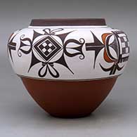 A polychrome high-shoulder jar decorated around the shoulder with a four-panel bird element, crosshatching and geometric design, replica from 1750, Third Place ribbon from 1996 Santa Fe Indian Market , click or tap to see a larger version