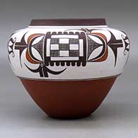 A polychrome high-shoulder jar decorated around the shoulder with a four-panel bird element, crosshatching and geometric design, replica from 1750, Third Place ribbon from 1996 Santa Fe Indian Market , click or tap to see a larger version