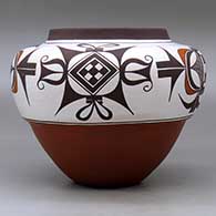 A polychrome high-shoulder jar decorated around the shoulder with a four-panel bird element, crosshatching and geometric design, replica from 1750, Third Place ribbon from 1996 Santa Fe Indian Market , click or tap to see a larger version