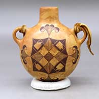 A black on mixed clay canteen with handles and decorated on two sides with a fineline and geometric design, click or tap to see a larger version