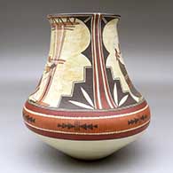 A polychrome low-shouldered jar decorated with a two-panel women weavers, kiva step and geometric design above the shoulder with a painted belt around the shoulder, click or tap to see a larger version
