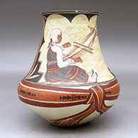 A polychrome low-shouldered jar decorated with a two-panel women weavers, kiva step and geometric design above the shoulder with a painted belt around the shoulder, click or tap to see a larger version