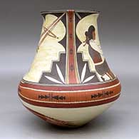 A polychrome low-shouldered jar decorated with a two-panel women weavers, kiva step and geometric design above the shoulder with a painted belt around the shoulder, click or tap to see a larger version