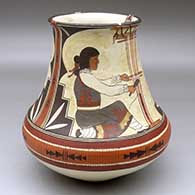 A polychrome low-shouldered jar decorated with a two-panel women weavers, kiva step and geometric design above the shoulder with a painted belt around the shoulder
 by Lois Gutierrez of Santa Clara