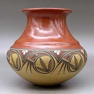 A polychrome double shouldered jar with a rolled lip decorated with three bear paw imprints around the neck and a painted geometric design around the shoulder, click or tap to see a larger version
