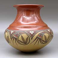 A polychrome double shouldered jar with a rolled lip decorated with three bear paw imprints around the neck and a painted geometric design around the shoulder, click or tap to see a larger version