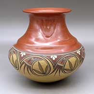 A polychrome double shouldered jar with a rolled lip decorated with three bear paw imprints around the neck and a painted geometric design around the shoulder
 by Lois Gutierrez of Santa Clara