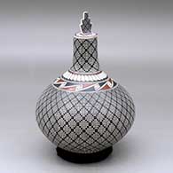 Click for a larger view A polychrome tall neck jar decorated with a geometric design, plus a matching lid
by Miriham Gallegos of Mata Ortiz and Casas Grandes