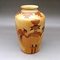 A tall, high-shouldered jar with a recurved lip and decorated with a two-panel dancer-holding-parrots and geometric design
 by Jean Sahmie of Hopi