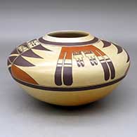 A polychrome Sikyatki-style jar decorated above the shoulder with a four-panel bird element and geometric design
 by Rachel Sahmie of Hopi