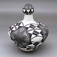 A lidded black-on-white jar decorated with a four-panel fine line and geometric design
 by Adrian Vallo of Acoma