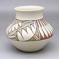 A polychrome jar decorated with a four-panel feather and geometric design
 by Joe and Thelma Talachy of Pojoaque