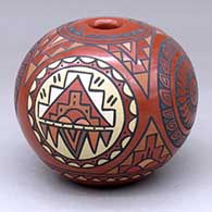 A polychrome seed pot decorated with a four-panel medallion and geometric design
 by Minnie Vigil of Santa Clara