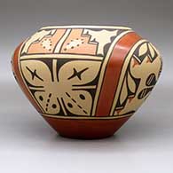 A polychrome jar decorated with a four-panel roadrunner, butterfly, rainbow,cloud formation and geometric design, click or tap to see a larger version