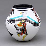 A polychrome jar decorated with a two-panel eagle dancer and geometric design
 by Marcellus Medina of Zia