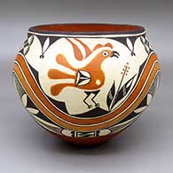 Polychrome jar with a three-panel traditional Acoma design featuring parrot, rainbow, flower, fine line, and geometric elements
 by Grace Chino of Acoma