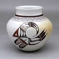 A polychrome jar decorated with a three-panel bird element and geometric design
 by White Swann of Hopi