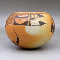 A polychrome jar decorated with a two panel bird-hanging-from-sky-band and geometric design, click or tap to see a larger version