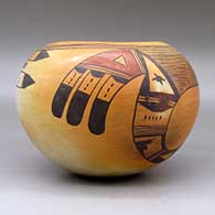 A polychrome jar decorated with a two panel bird-hanging-from-sky-band and geometric design, click or tap to see a larger version