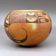 A polychrome jar decorated with a two panel bird-hanging-from-sky-band and geometric design, click or tap to see a larger version