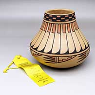 A polychrome jar decorated with a feather, checkerboard and geometric design, Honorable Mention ribbon from the New Mexico State Fair 1978
 by Blue Corn of San Ildefonso