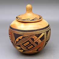 A lidded polychrome jar decorated with a six panel geometric design around the body
 by Anita Polacca of Hopi