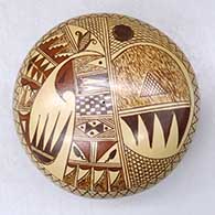 A polychrome seed pot decorated with a bird element, kiva step, crosshatching and geometric design
 by Nona Naha of Hopi