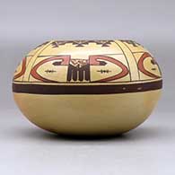 A polychrome bowl decorated with a four panel bird element and geometric design above the shoulder, click or tap to see a larger version