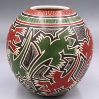 Polychrome jar with a sgraffito and painted lizard and geometric design
 by Humberto Pina of Mata Ortiz and Casas Grandes
