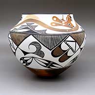 Polychrome jar with a traditional Acoma design featuring parrot, fine line, and geometric elements, click or tap to see a larger version