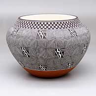 A polychrome jar decorated with a checkerboard, snowflake fine line and geometric design
 by Rebecca Lucario of Acoma