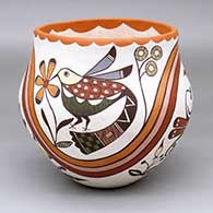 A polychrome jar decorated with a four-panel rainbow, bird, flower, fish and geometric design
 by Diane Lewis of Acoma