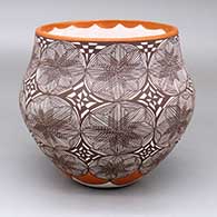 A polychrome jar decorated with an eight-panel fine line medallion and geometric design
 by Diane Lewis of Acoma