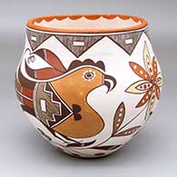 A polychrome jar decorated with a two-panel parrot, flower and geometric design
 by Diane Lewis of Acoma