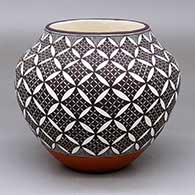 A polychrome jar decorated with a pumpkin seed snowflake and geometric design
 by Rebecca Lucario of Acoma