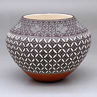 A polychrome jar decorated with a pumpkin seed snowflake, fine line and geometric design
 by Rebecca Lucario of Acoma