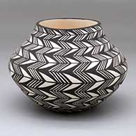 A black-on-white jar decorated all over with a geometric design
 by Sandra Victorino of Acoma