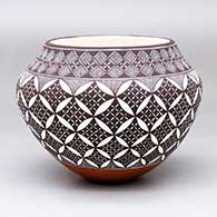 A polychrome jar decorated with a pumpkin seed snowflake, fine line and geometric design
 by Rebecca Lucario of Acoma