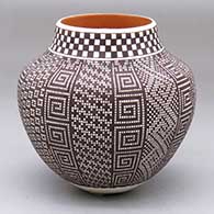 A polychrome jar decorated with 16 panels of geometric design
 by Frederica Antonio of Acoma