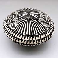 A black-on-white seed pot with a geometric design around the body and a geometric design on the top
 by Cletus Victorino of Acoma