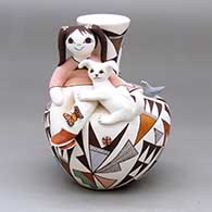 A polychrome Friendship jar with a girl, puppy, bird, butterfly, lady bug and geometric design
 by Judy Lewis of Acoma