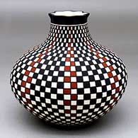 A polychrome jar with a pie crust rim and decorated with a checkerboard geometric design
 by Paula Estevan of Acoma