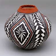 A polychrome jar with a pie crust rim and decorated with a four-panel fine line and geometric design
 by Sandra Victorino of Acoma