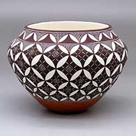 A polychrome jar decorated with a pumpkin seed snowflake, fine line and geometric design
 by Amanda Lucario of Acoma